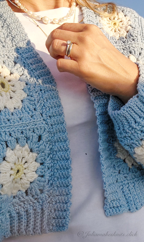 image of a crochet granny square daisy cardigan in blue