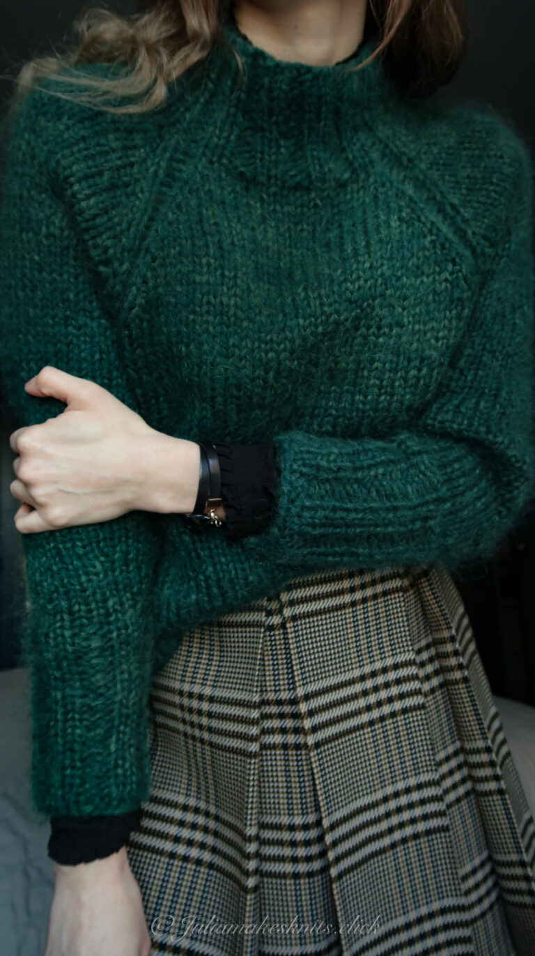 free knitting pattern for mohair and merino wool sweater in dark marble green